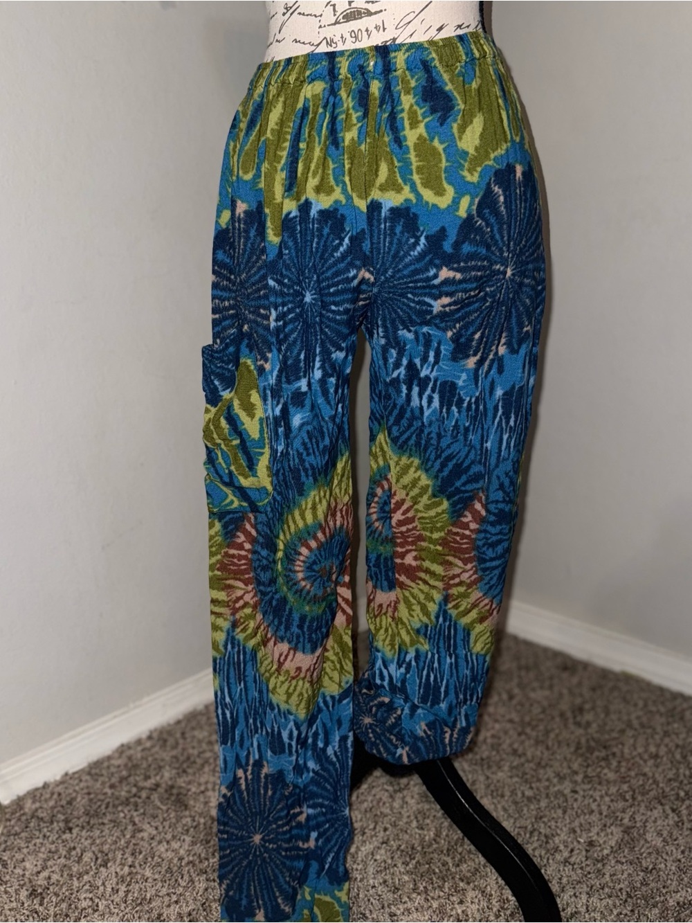 Boho Tie-Dye Wide Leg Flowy Festival Hippie Pants - Blue & Green